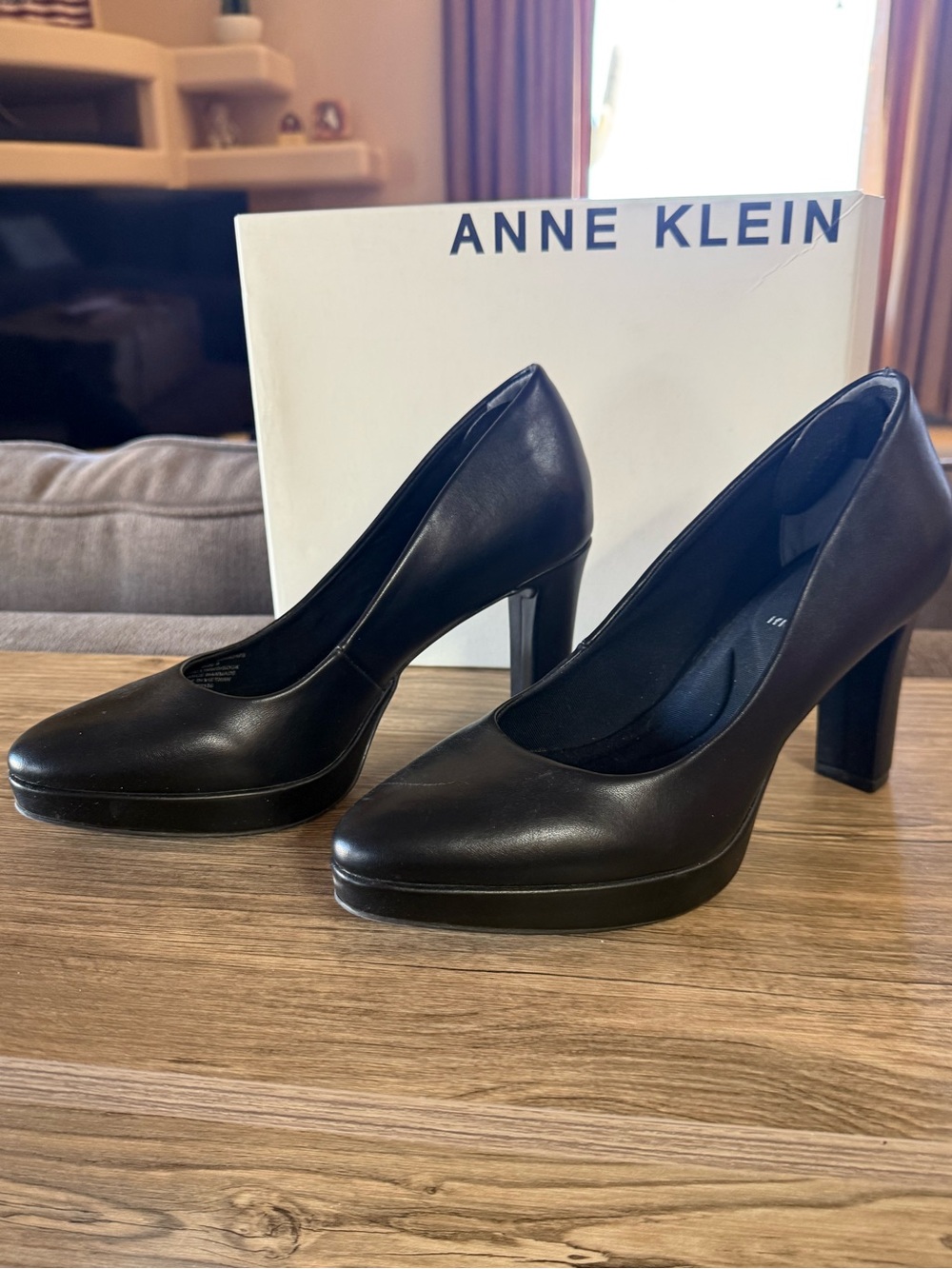 Anne Klein Black Leather Platform Block Heel Pumps